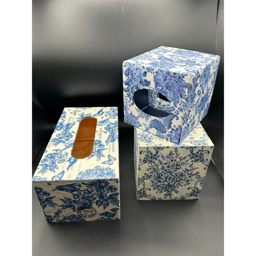 Lot Of 3 Tissue Box Covers Blue And White Chinoiserie Floral And Bird 2 Wooden